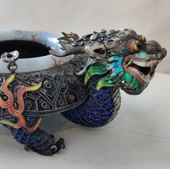 Chinese Export Dragon Ashtray Sterling Silver Enamel Jade Rim 332gr - Picture 9 of 16